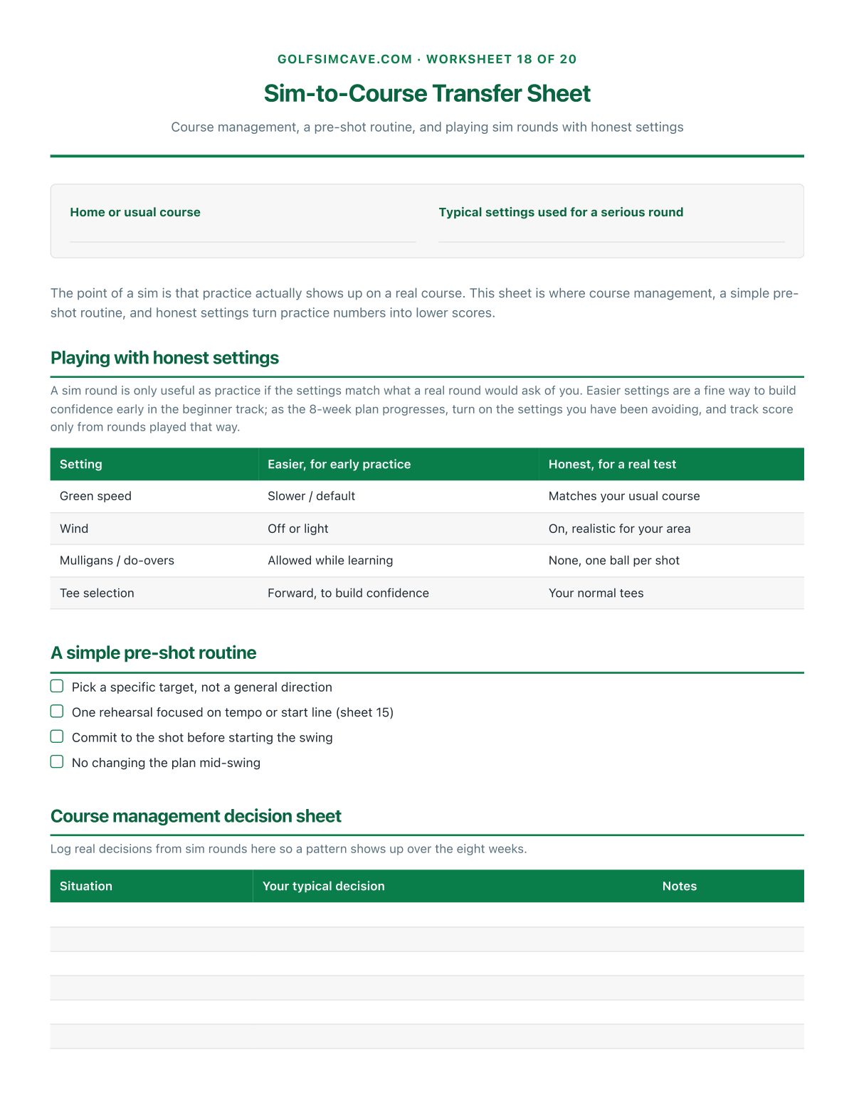 Sim-to-Course Transfer Sheet